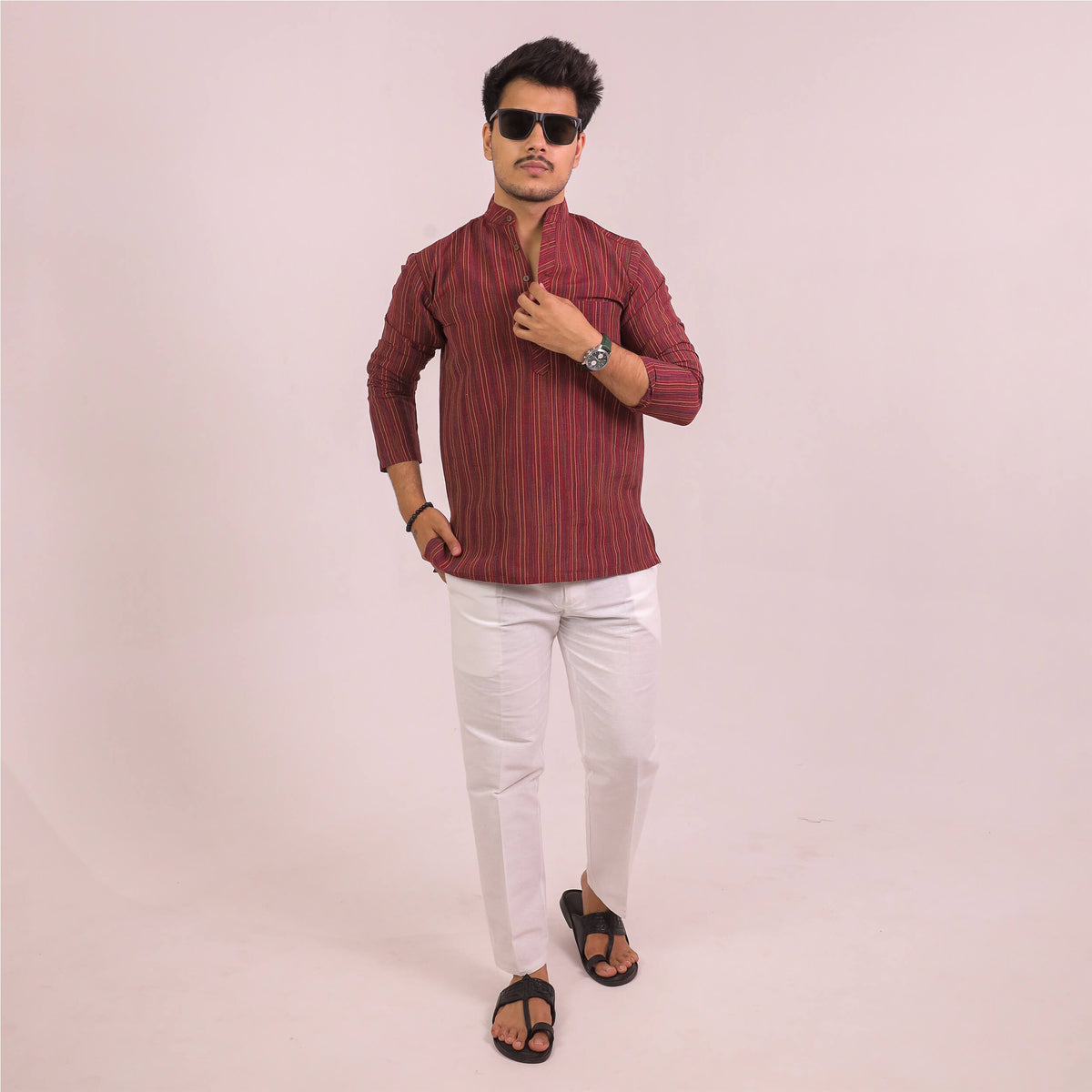 Maroon Breeze Striped Full Sleeves Kurta Pant Combo Set