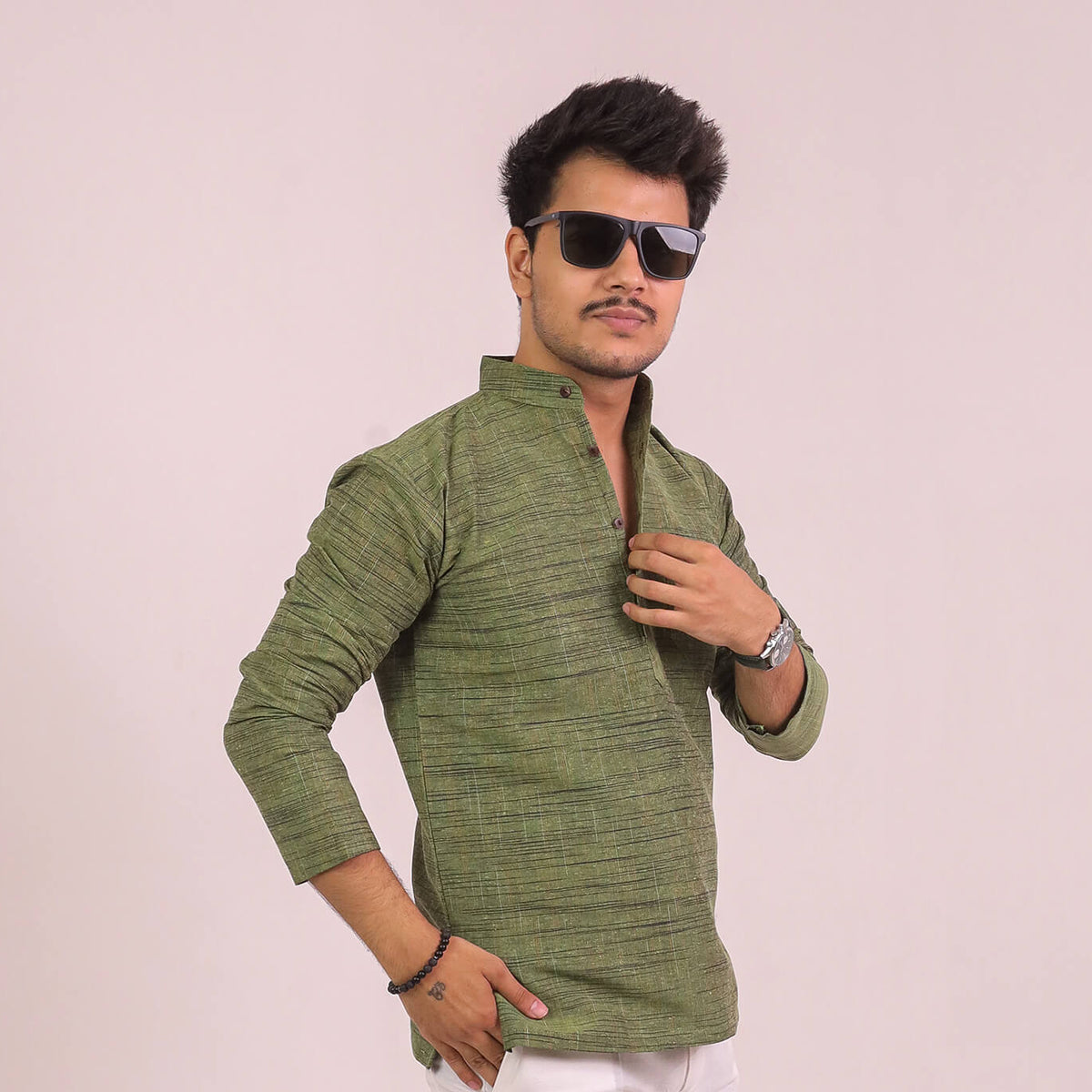 Green Dark Jharna Full Sleeves Short Kurta