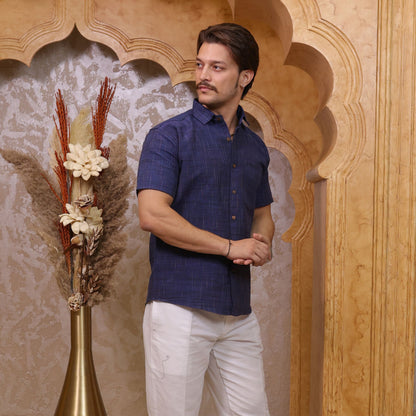 Slate Blue Dark Jharna Shirt and White Pant Combo Set
