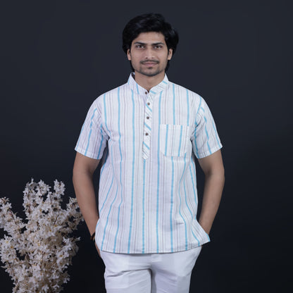 Half Sleeves Blue Stripe White Base Kurta Pant Combo Set Front View for Men