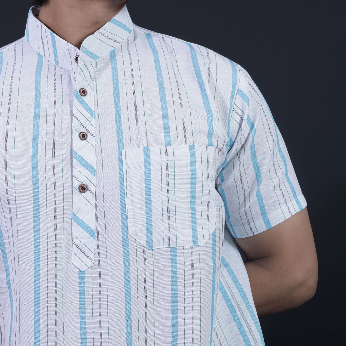 White Base Sky Blue Stripe Kurta Collar and Pocket Close-Up