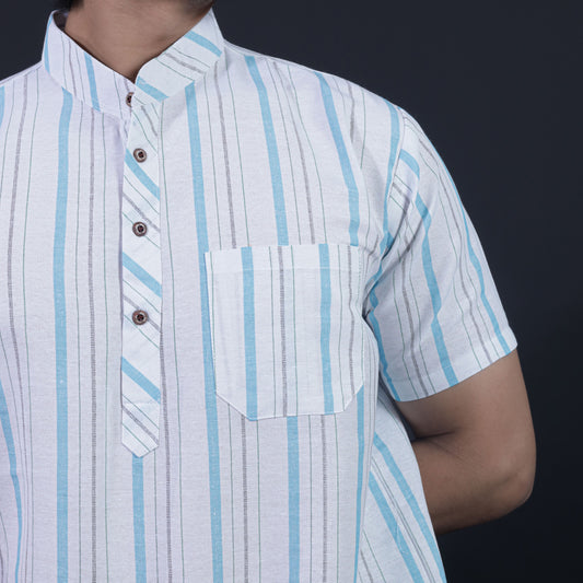 Close-up white khadi kurta with blue stripe pattern and pocket detail