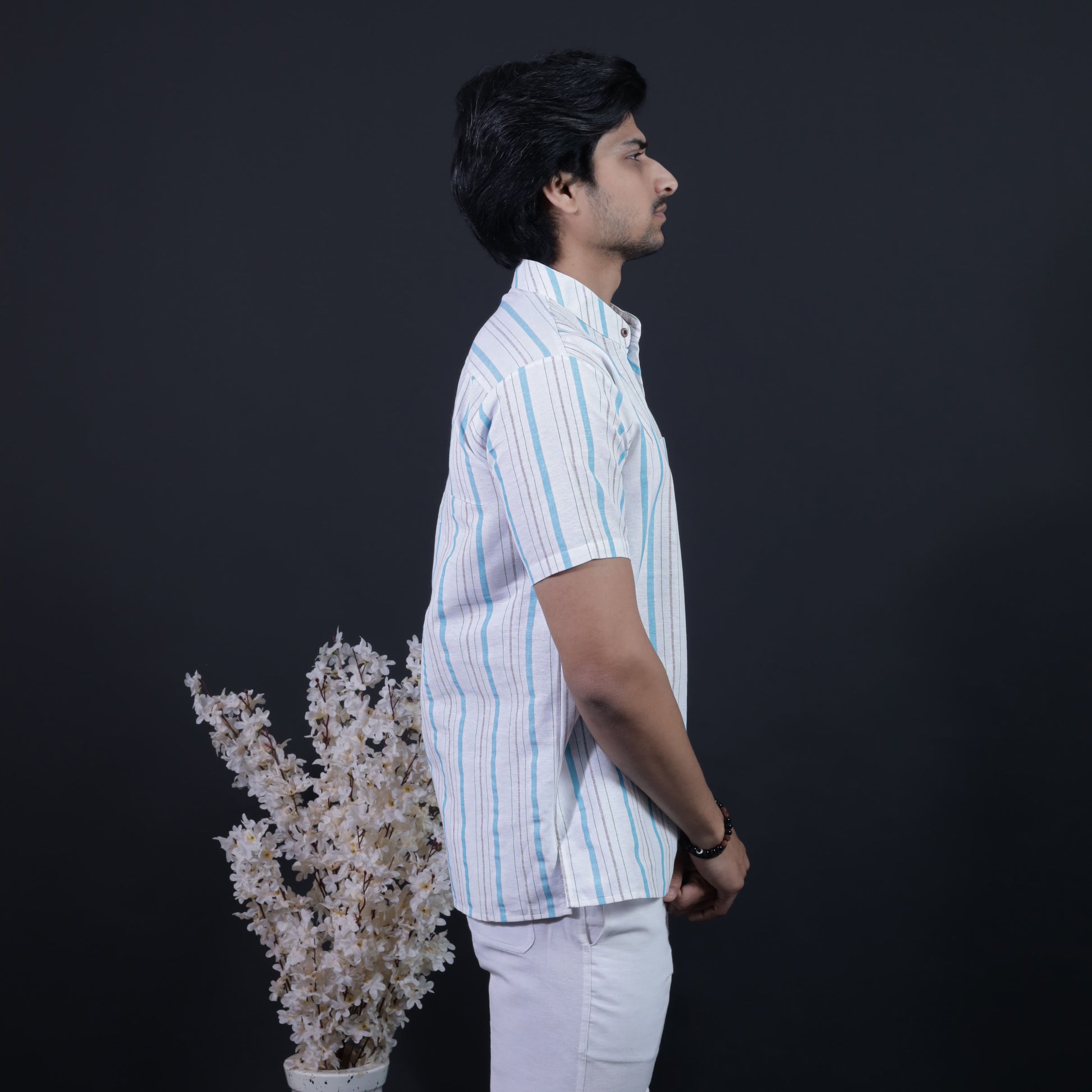 Side profile white and blue striped short khadi kurta for men