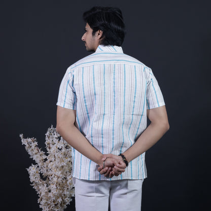 White Base Blue Stripe Kurta Back View for Men