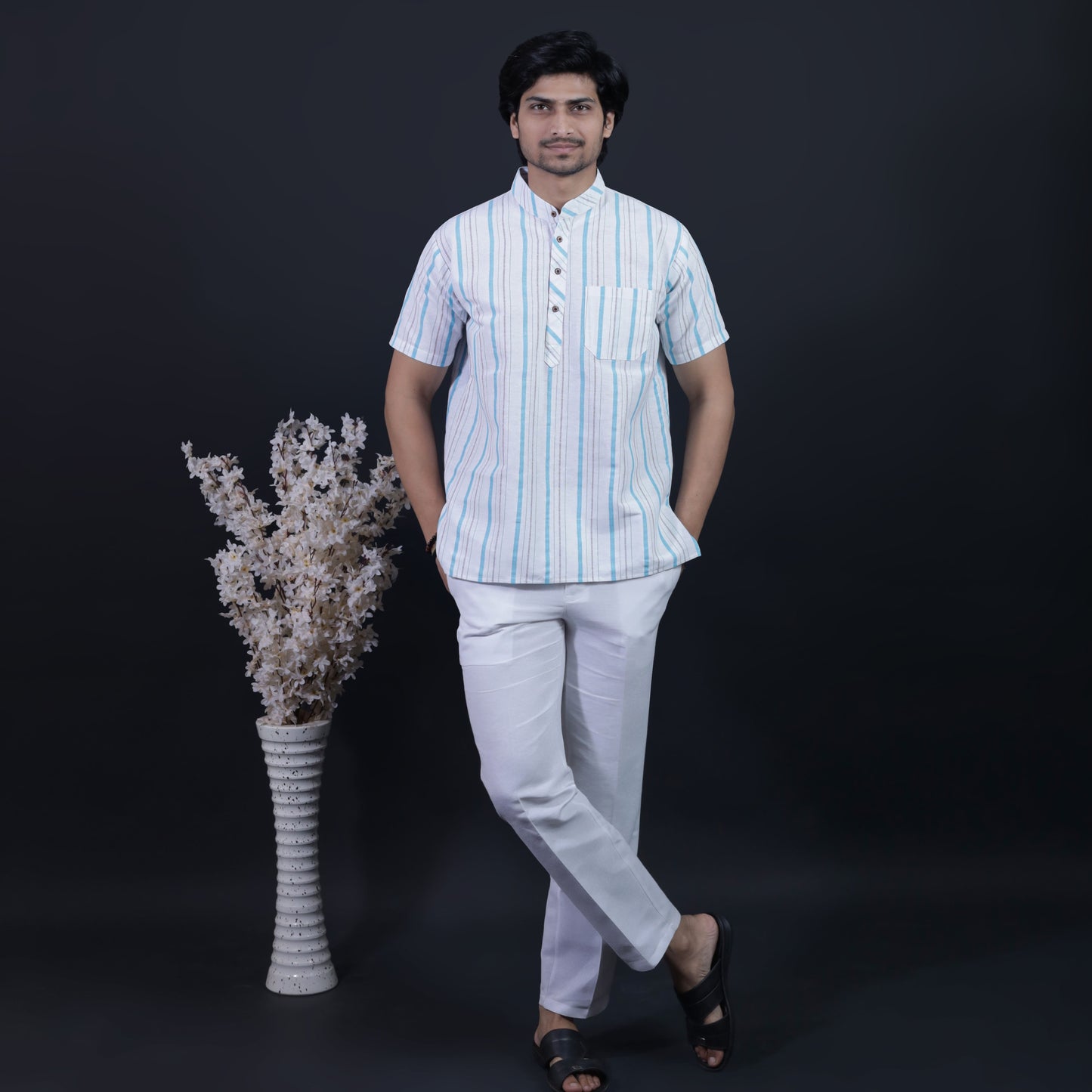 Half Sleeves Blue Stripe White Khadi Cotton Combo Set Full Look