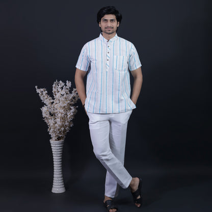 Half Sleeves Blue Stripe White Khadi Cotton Combo Set Full Look