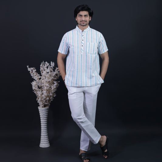 Half Sleeves Blue Stripe White Khadi Cotton Combo Set Full Look