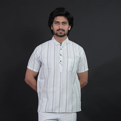 White base half sleeves short khadi kurta with grey stripes front view
