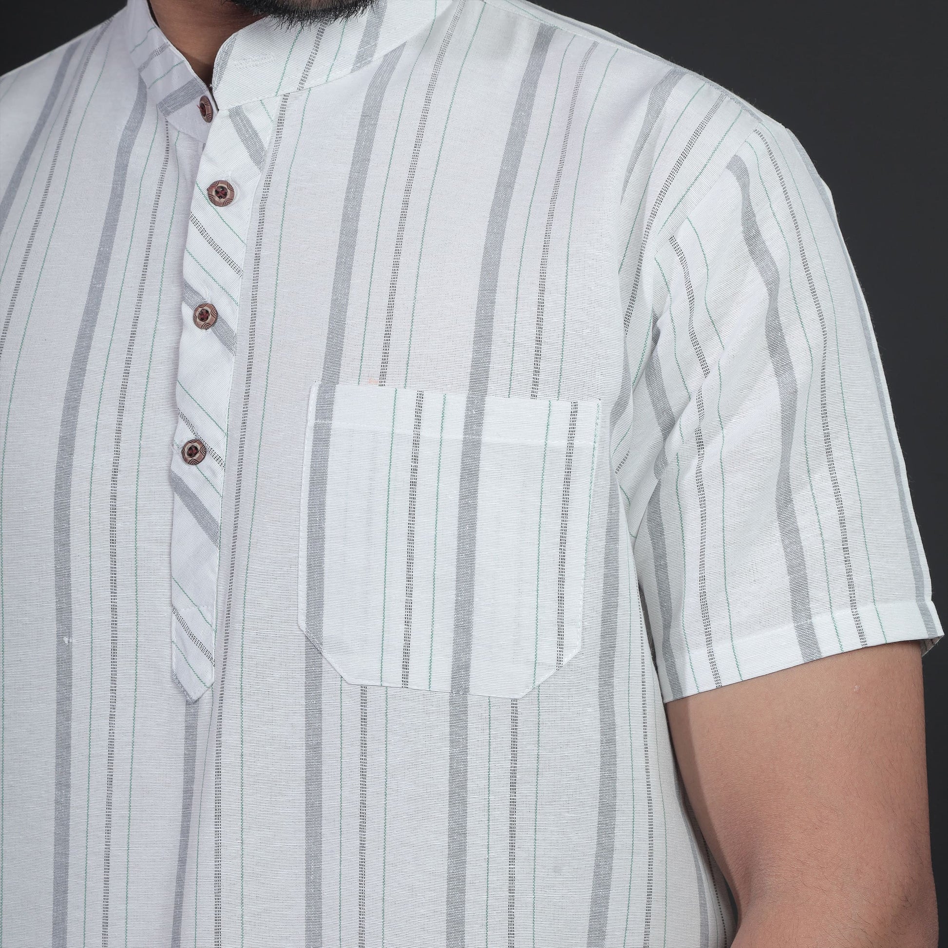 White Base Grey Stripe Kurta Close-Up with Mandarin Collar