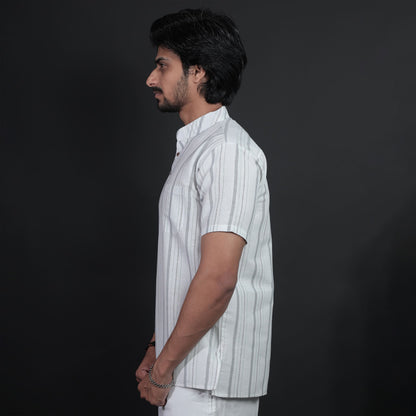Men’s Grey Stripe Khadi Cotton Kurta Side View