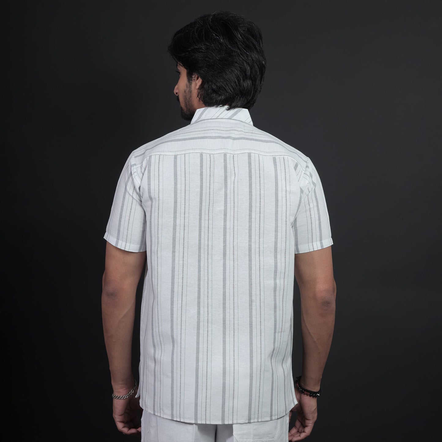 White Base Grey Stripe Kurta Back View for Men