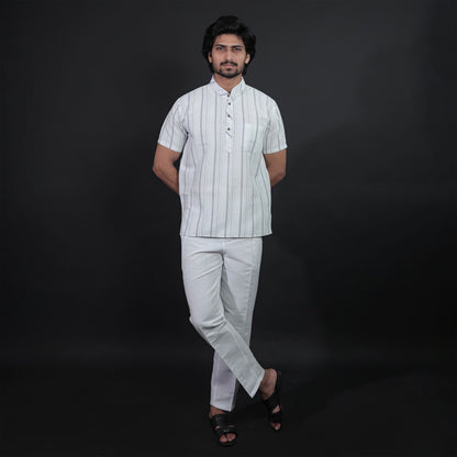 Men's Half Sleeves Grey Stripe Kurta Pant Combo Full Outfit Look