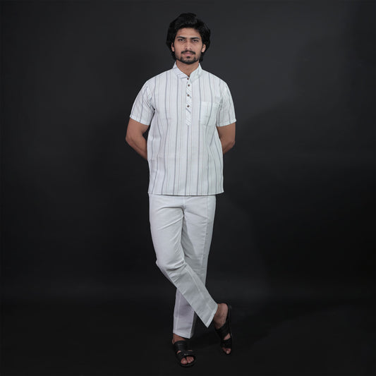 Men's Half Sleeves Grey Stripe Kurta Pant Combo Full Outfit Look