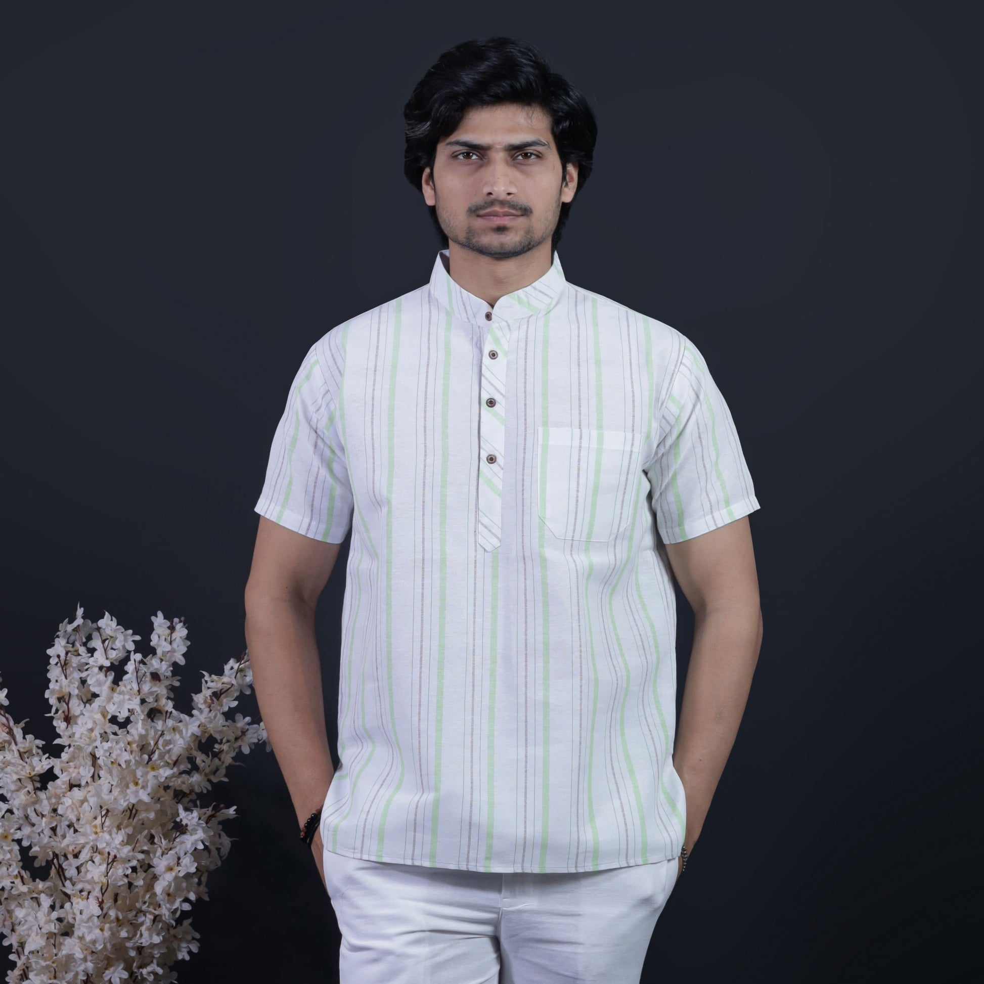 Men's Half Sleeves Green Stripe White Base Kurta Pant Combo Set Front View
