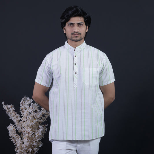 White Base Half Sleeves Short Kurta-Green