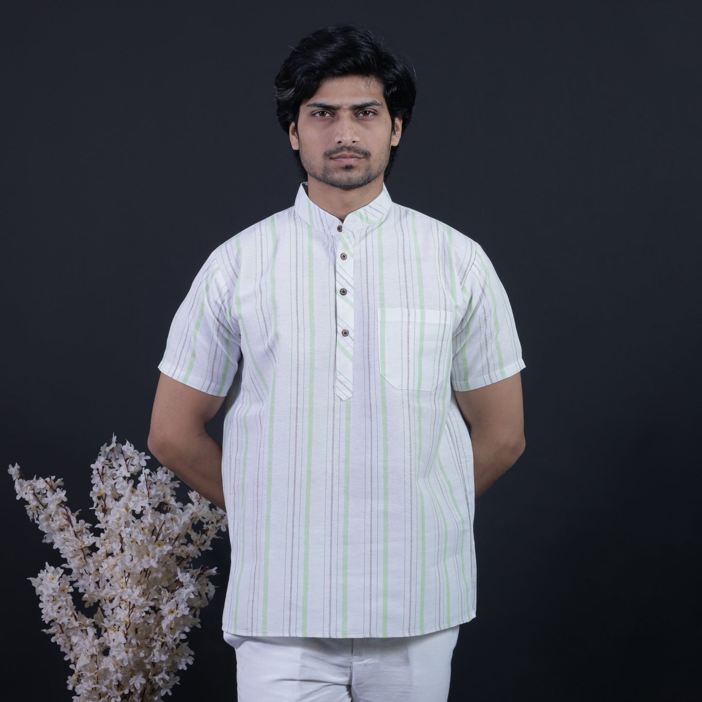 White Base Green Stripe Kurta Close-Up with Mandarin Collar