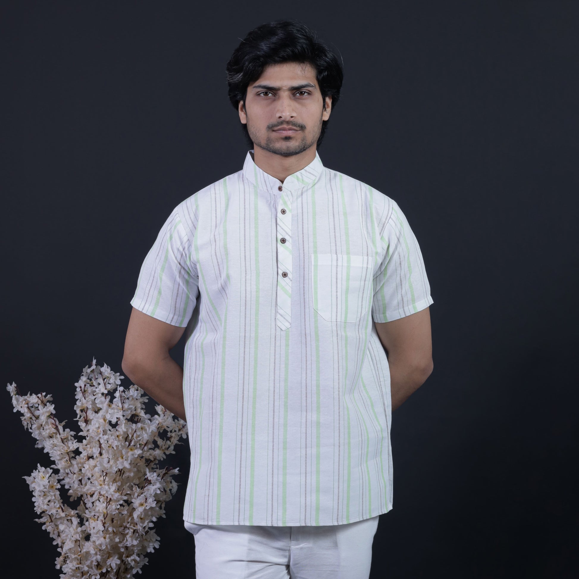 White Base Green Stripe Kurta Close-Up with Mandarin Collar