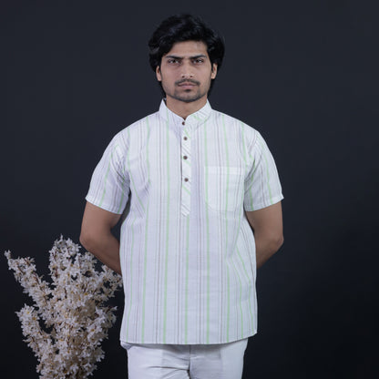 White base half sleeves short khadi kurta with green stripes front view