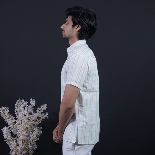 White Base Half Sleeves Short Kurta-Green