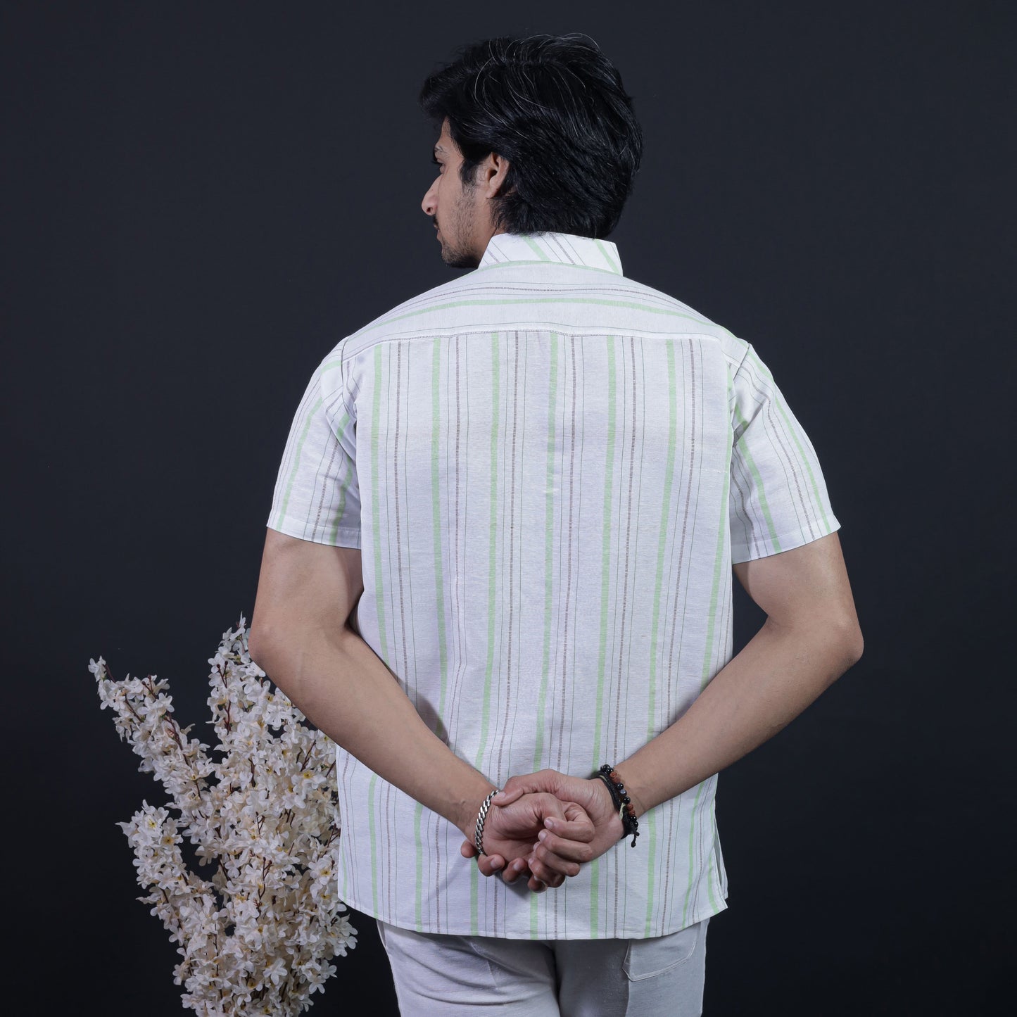 White Base Green Stripe Kurta Back View for Men