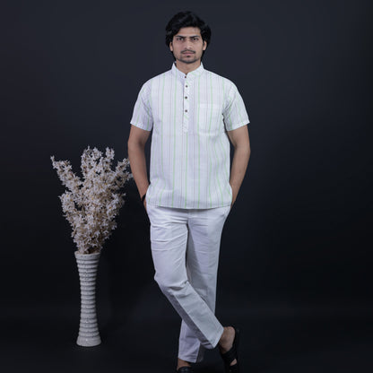 Men's Half Sleeves Green Stripe Kurta Pant Combo Full Outfit Look