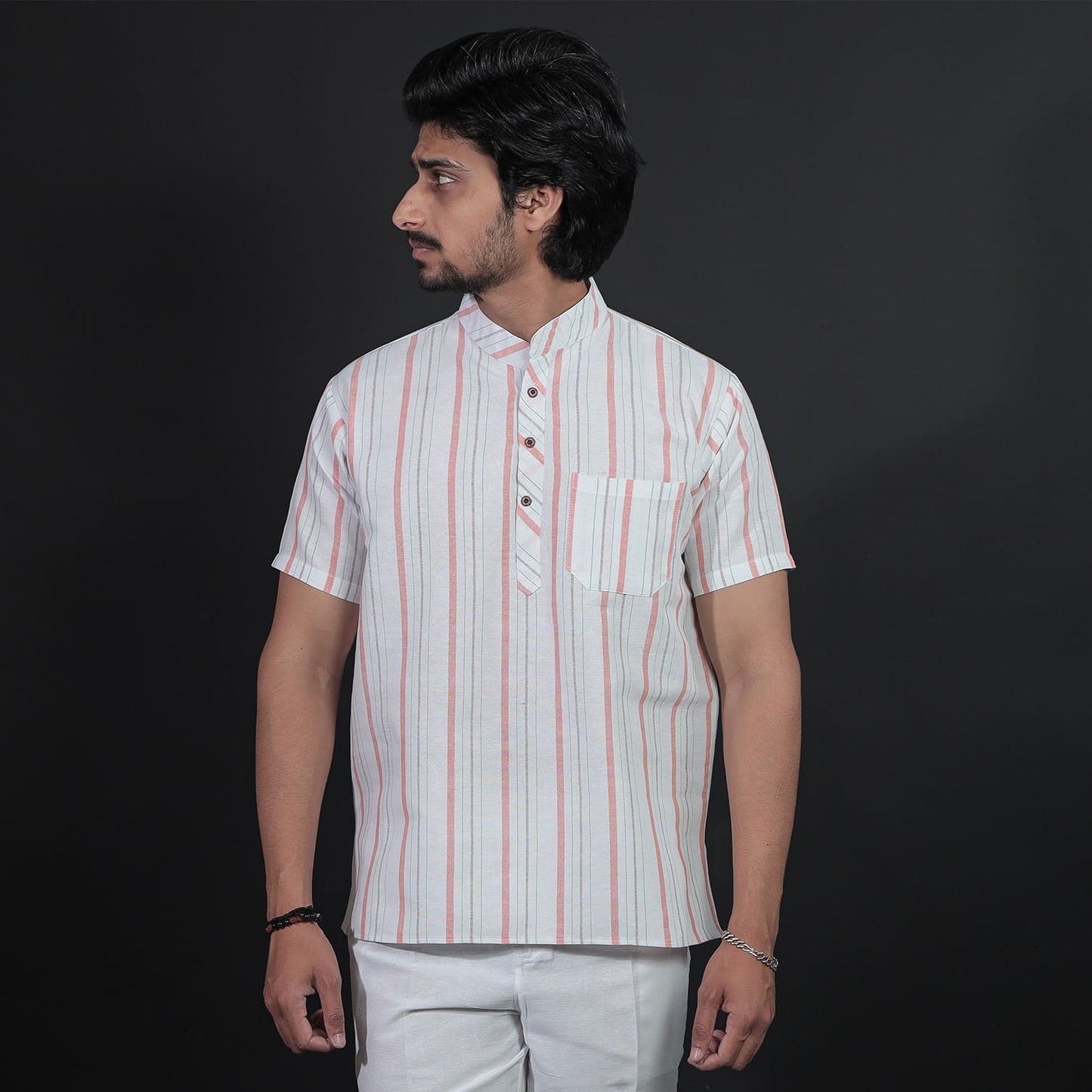 Half Sleeves Orange Stripe White Base Kurta Pant Combo Set Front View
