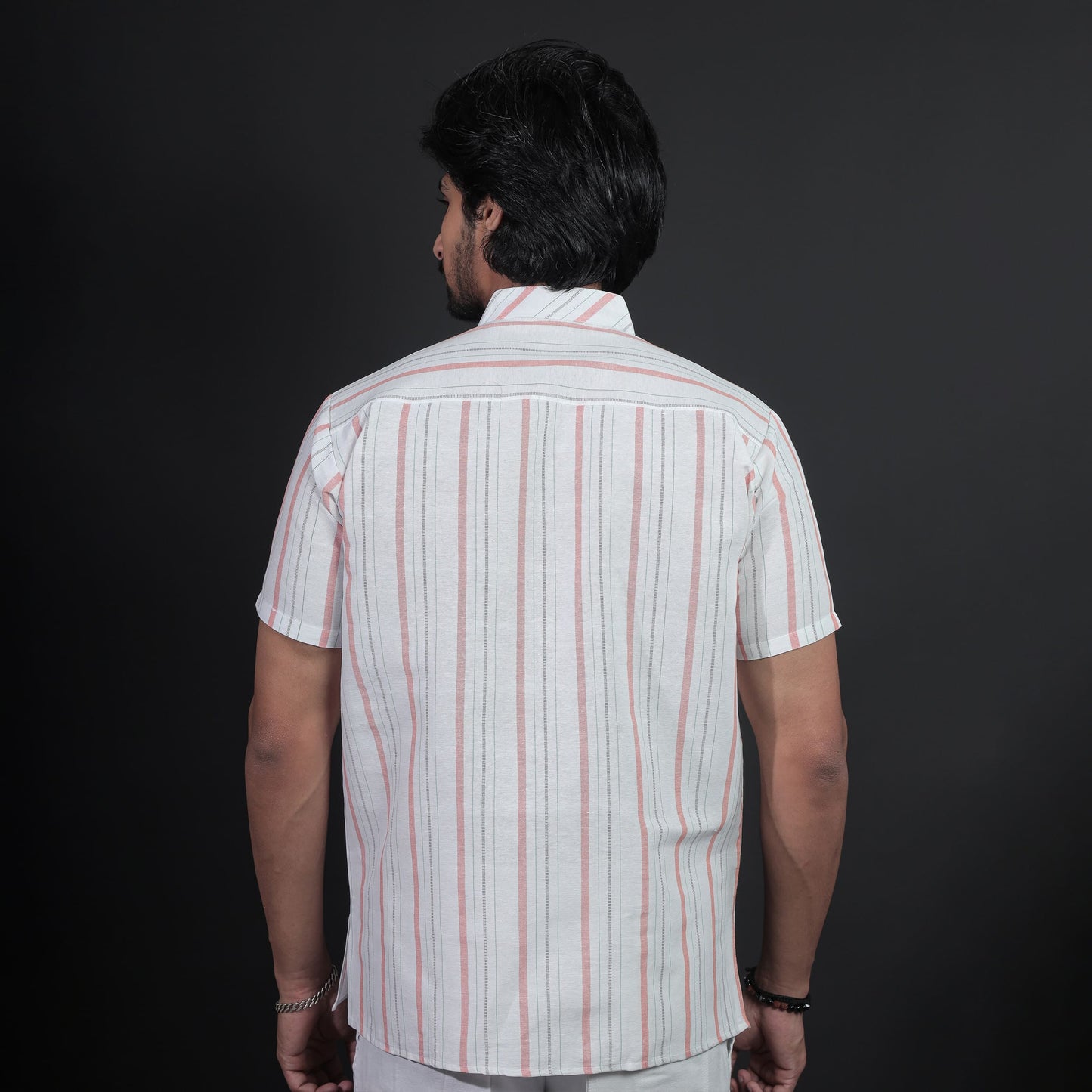 White Base Orange Stripe Kurta Back View for Men