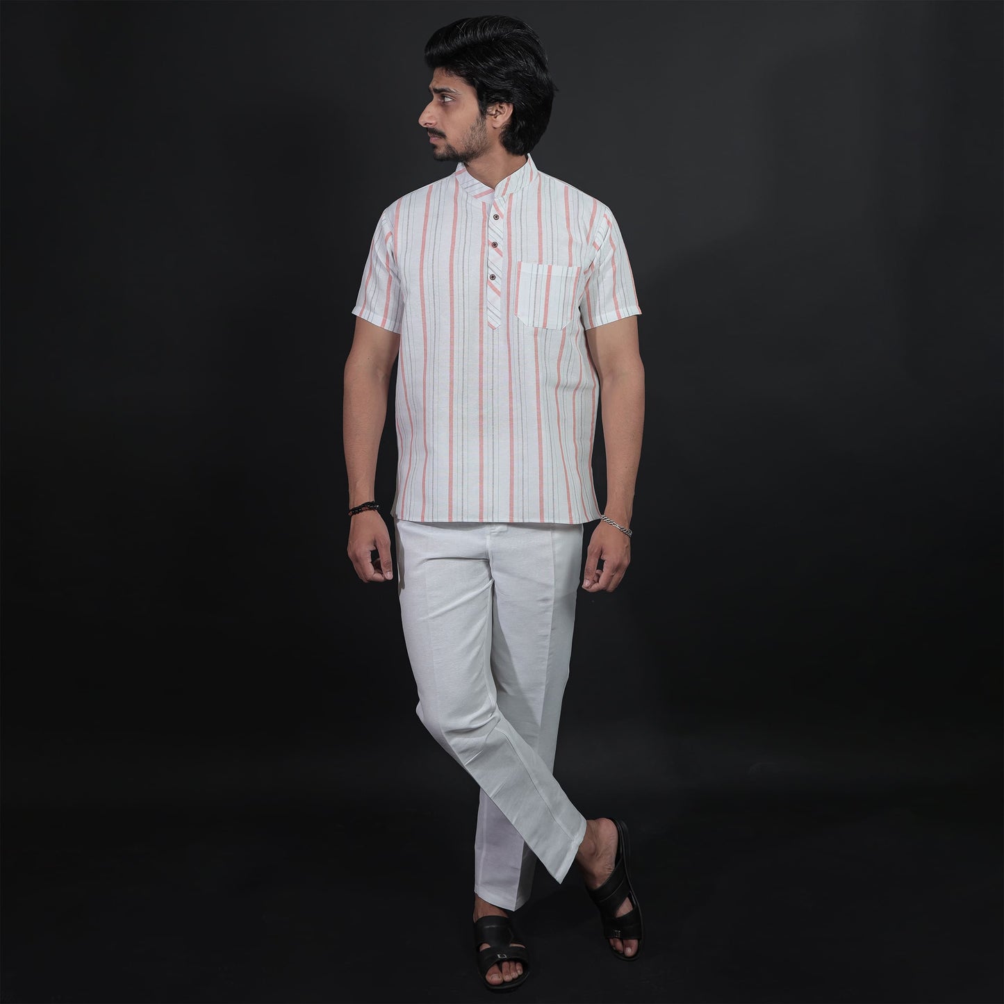 Full Look of Orange Stripe White Kurta Pant Combo Set