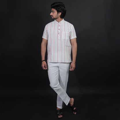 Full Look of Orange Stripe White Kurta Pant Combo Set