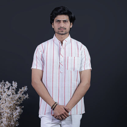Men's Half Sleeves Red Stripe White Base Kurta Pant Combo Set Front View