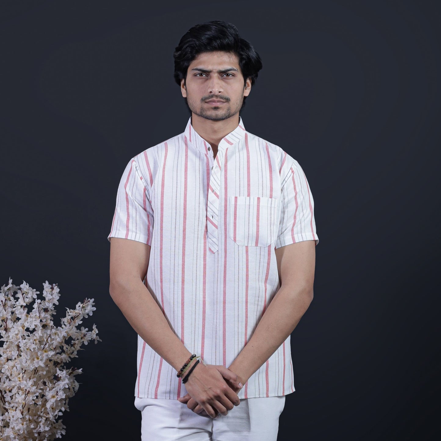 White base half sleeves short khadi kurta with red stripes front view
