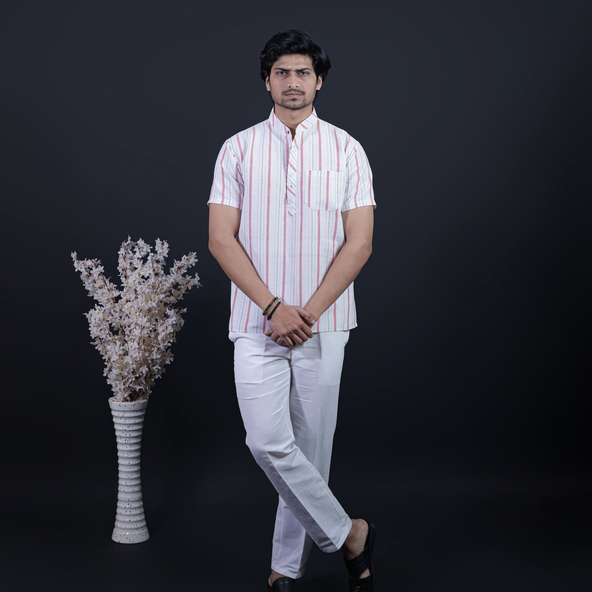 Men's Half Sleeves Red Stripe Kurta Pant Combo Full Outfit Look