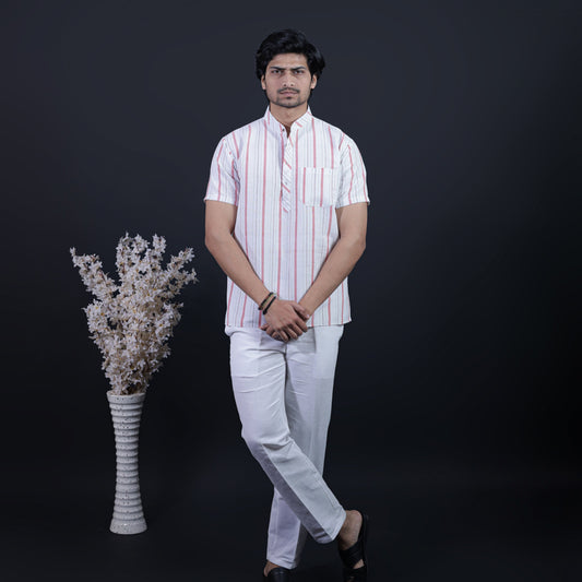 Men's Half Sleeves Red Stripe Kurta Pant Combo Full Outfit Look