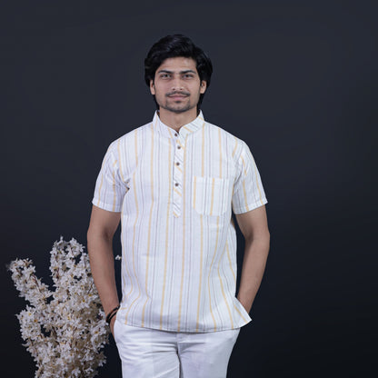 White base half sleeves short khadi kurta with yellow stripes front view