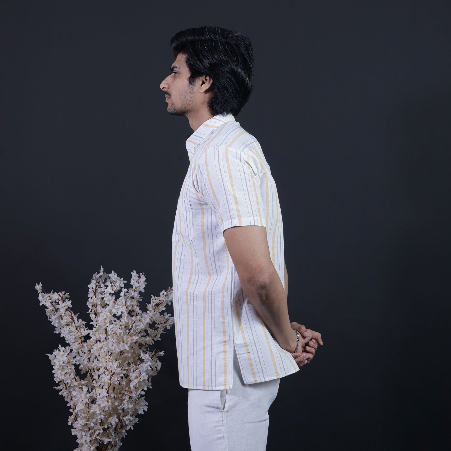 Men’s Half Sleeves Yellow Stripe Kurta Side Profile View