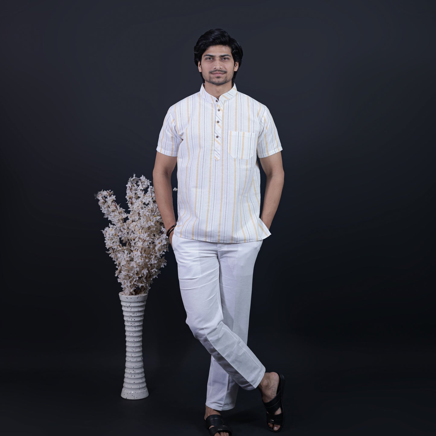 Men’s Yellow Stripe Short Kurta with White Pant Full Outfit