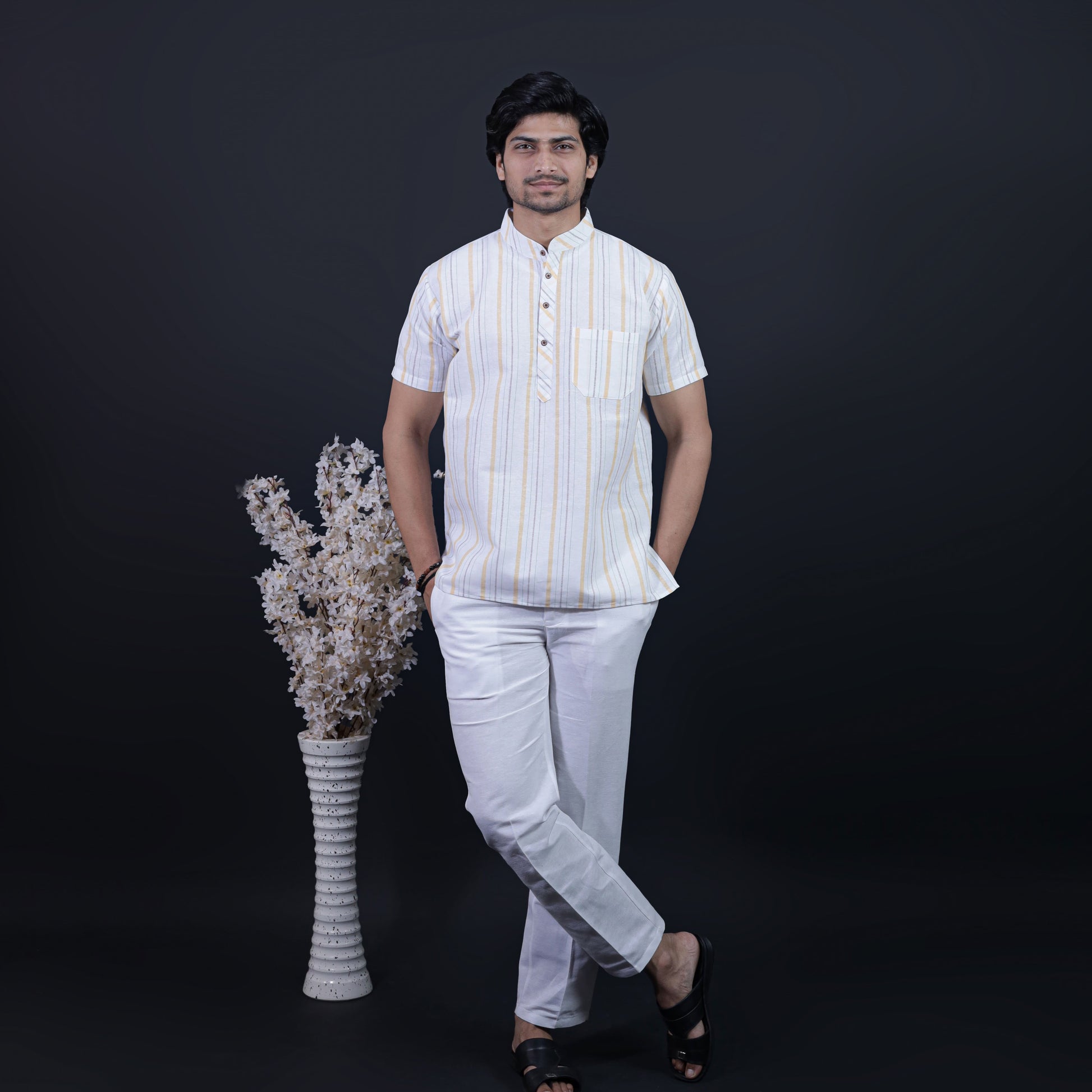 Men’s Yellow Stripe Short Kurta with White Pant Full Outfit