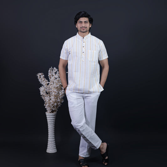 Men’s Yellow Stripe Short Kurta with White Pant Full Outfit