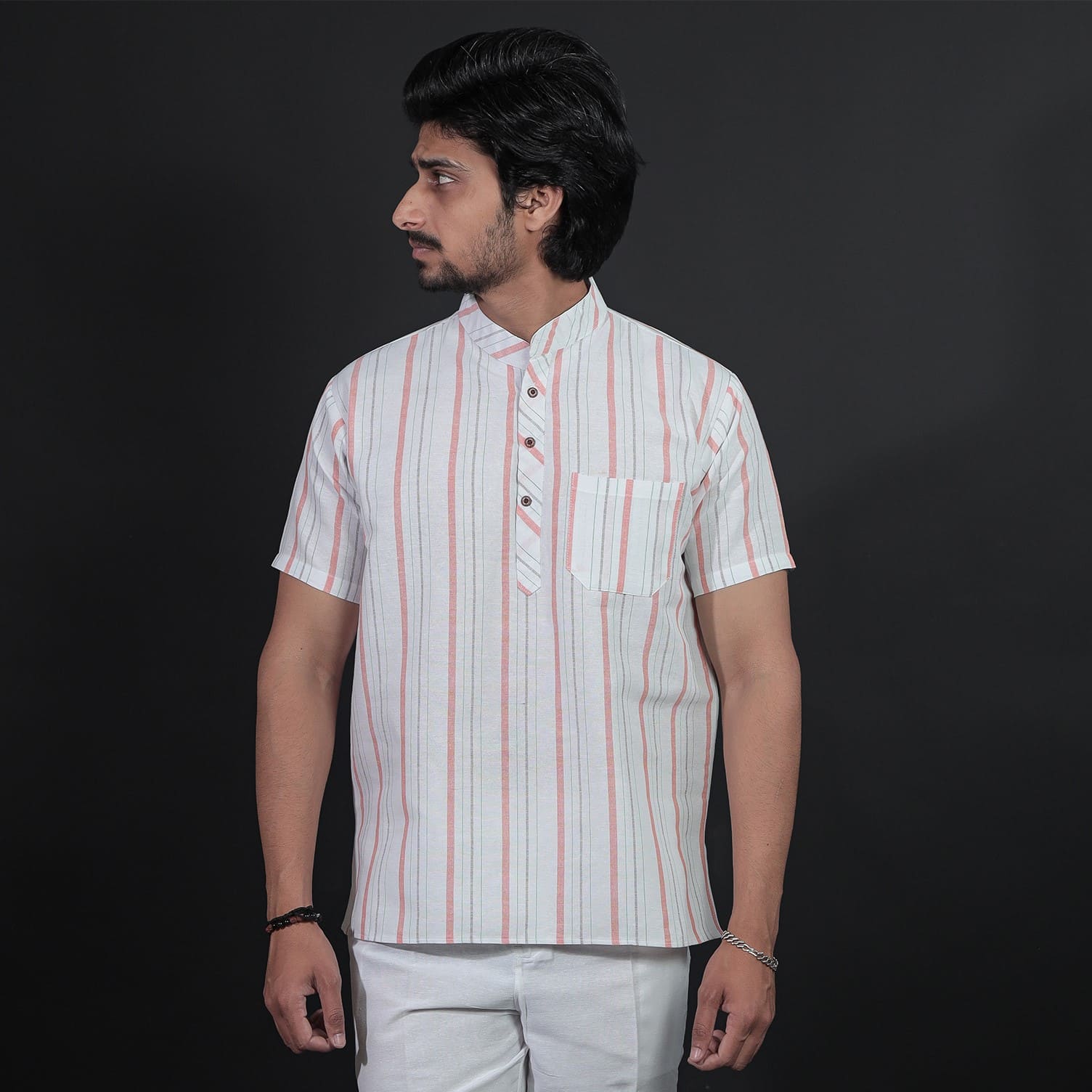 White base half sleeves short khadi kurta with orange stripes front view