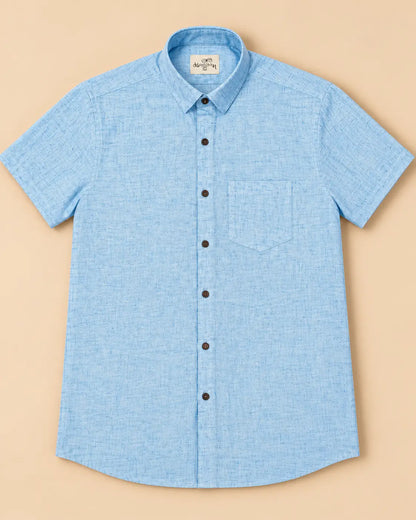 Blue Slub Handloom Cotton Half Sleeve Shirt for Men by Kargham