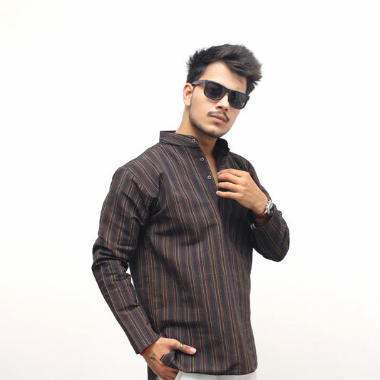 Breeze Striped Full Sleeves Short Kurta-Black