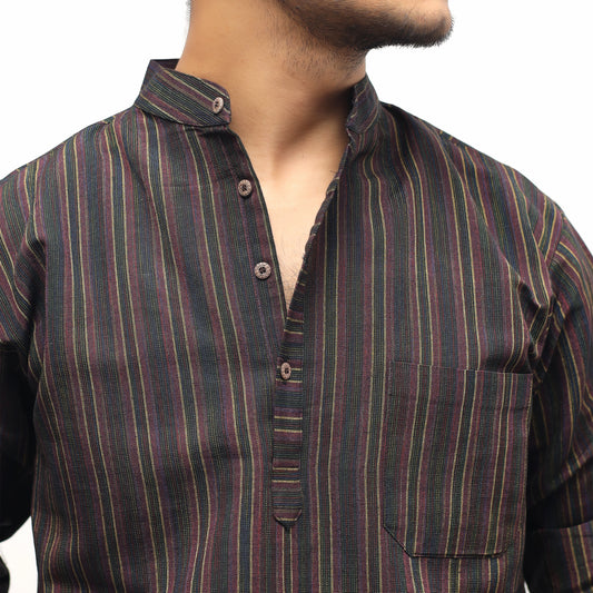 Breeze Striped Full Sleeves Short Kurta-Black