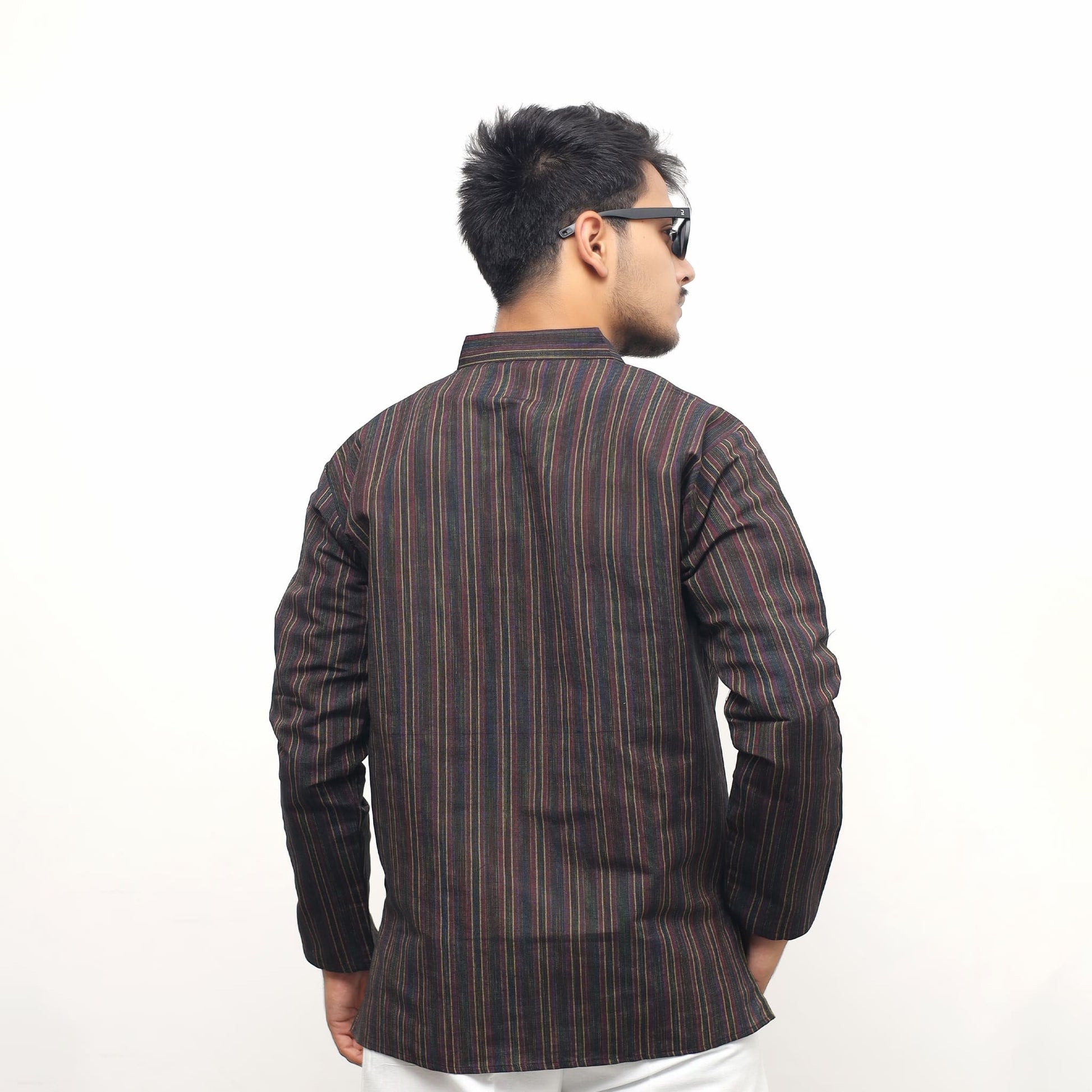 Back view of Black Breeze Striped Khadi Kurta