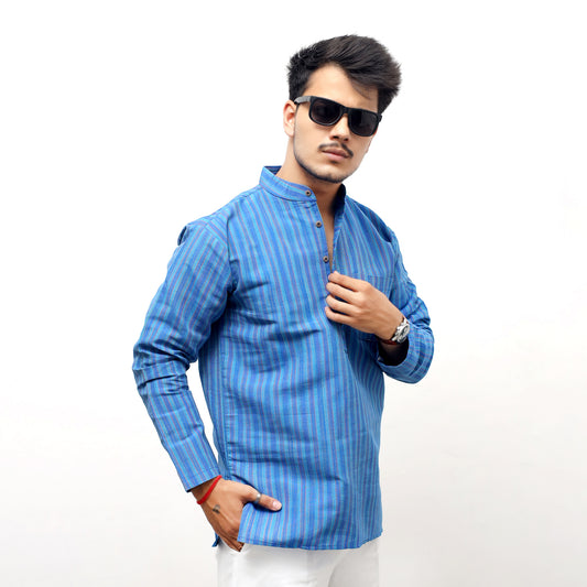 Breeze Striped Full Sleeves Short Kurta-Blue