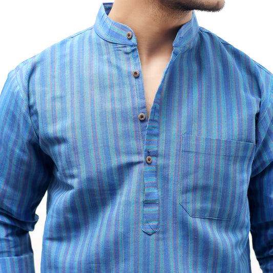Breeze Striped Full Sleeves Short Kurta-Blue