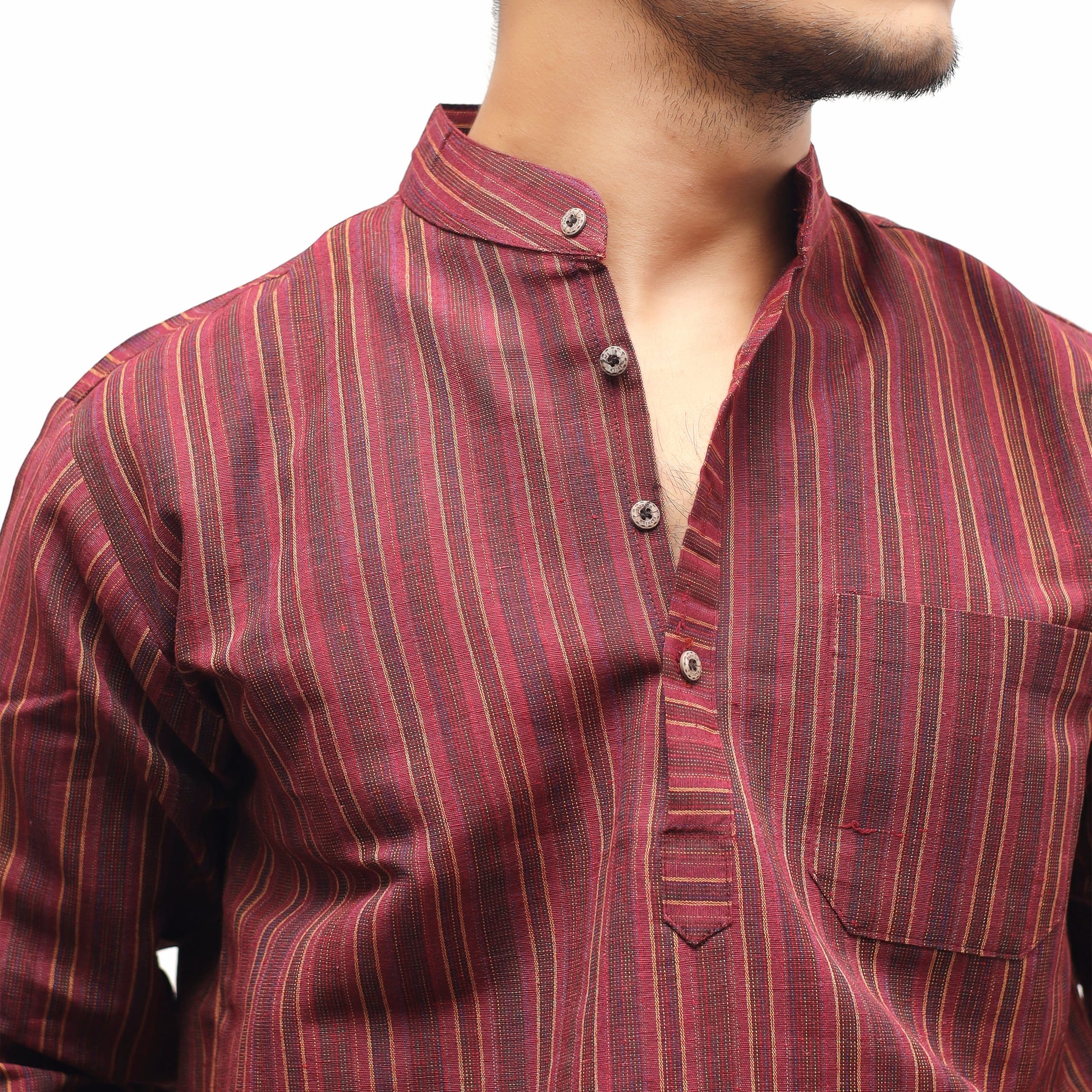 Maroon Breeze Striped Full Sleeves Kurta Pant Set collar detail