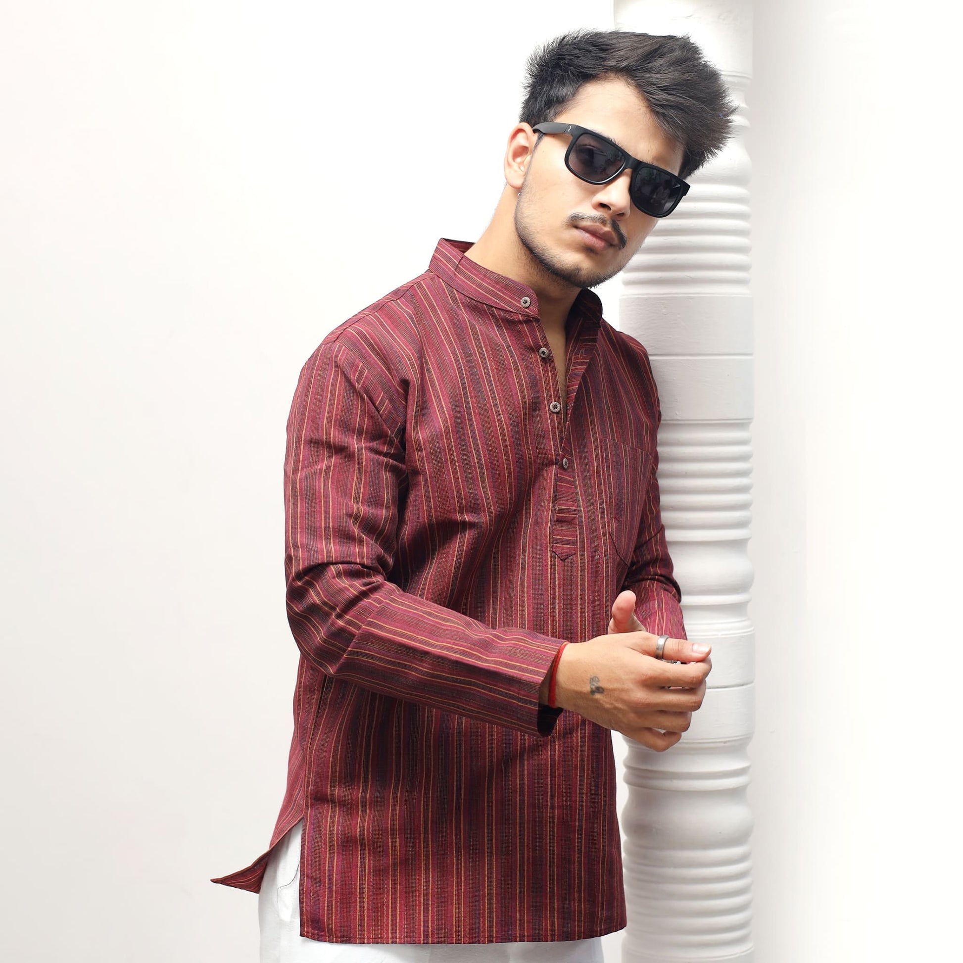 Maroon Breeze Striped Full Sleeves Kurta Pant Set front view