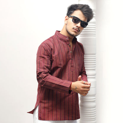 Maroon Breeze Striped Full Sleeves Kurta Pant Set front view