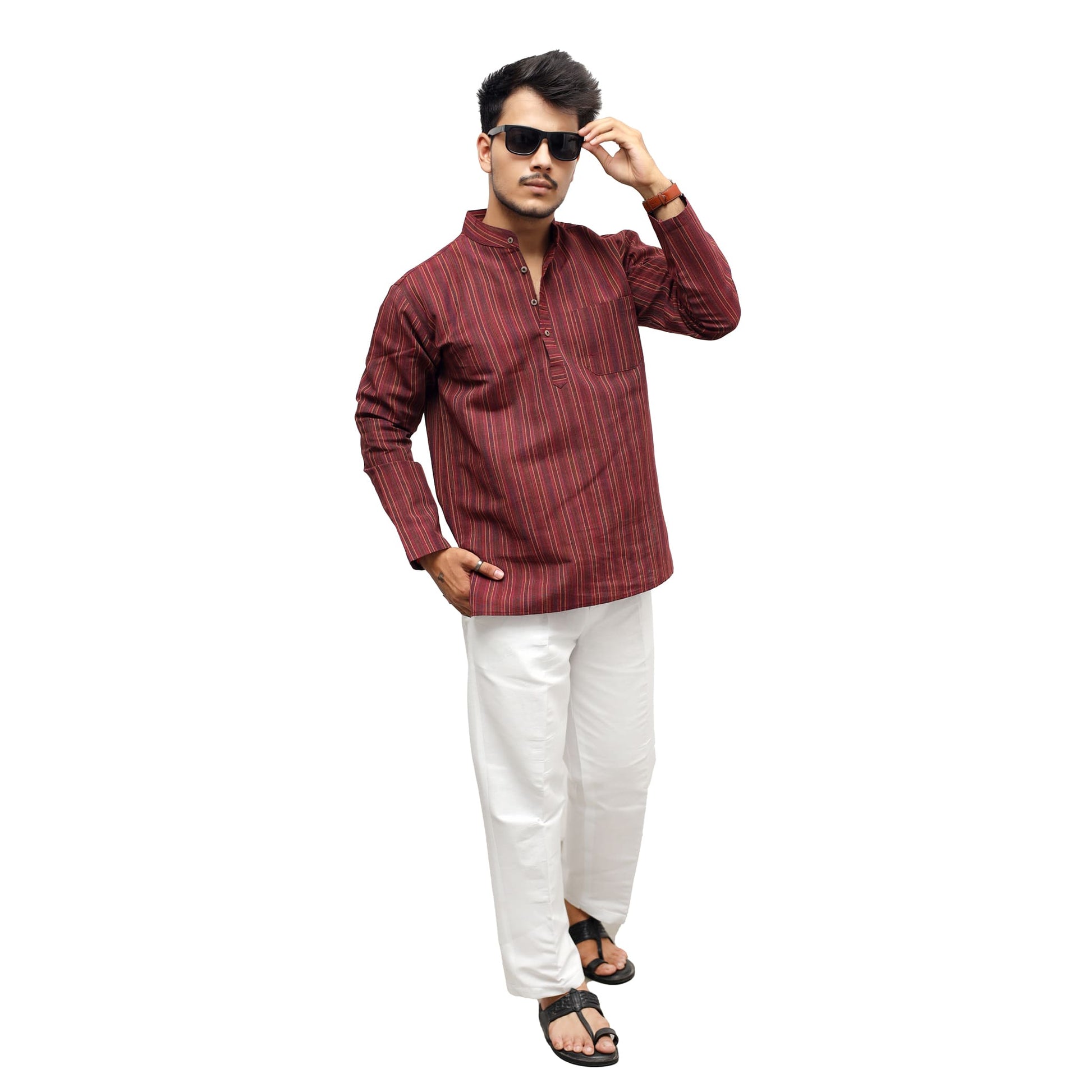 Maroon Breeze Striped Full Sleeves Kurta Pant Set for Men