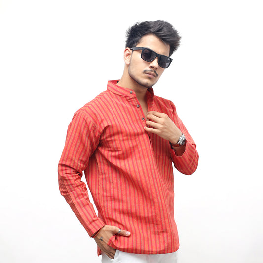 Breeze Striped Full Sleeves Short Kurta-Red